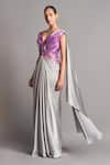 Buy_Amit Aggarwal_Grey Chiffon V Neck Metallic 3d Pre-stitched Saree Gown _at_Aza_Fashions