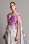 Buy_Amit Aggarwal_Grey Chiffon V Neck Metallic 3d Pre-stitched Saree Gown _Online_at_Aza_Fashions