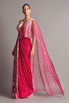 Amit Aggarwal_Pink Chiffon V Neck Metallic Pre-stitched Saree Gown  _Online_at_Aza_Fashions