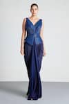 Buy_Amit Aggarwal_Blue Organza, Jersey V Neck Draped Peplum Gown _at_Aza_Fashions