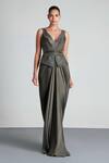 Buy_Amit Aggarwal_Green Organza, Jersey V Neck Draped Peplum Gown _at_Aza_Fashions