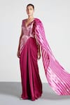 Buy_Amit Aggarwal_Pink Chiffon Embroidery V Neck Metallic Saree Gown  _at_Aza_Fashions