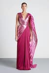 Amit Aggarwal_Pink Chiffon Embroidery V Neck Metallic Saree Gown  _Online_at_Aza_Fashions