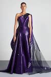 Buy_Amit Aggarwal_Purple Mesh Embroidery One Shoulder Metallic Saree Gown  _at_Aza_Fashions