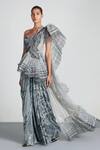 Buy_Amit Aggarwal_Grey Chiffon Embroidery One Shoulder Embellished Draped Saree Gown _at_Aza_Fashions
