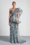 Amit Aggarwal_Grey Chiffon Embroidery One Shoulder Embellished Draped Saree Gown _Online_at_Aza_Fashions