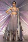 Buy_Amit Aggarwal_Grey Chiffon, Striped Fabric Plunge V Neck Metallic Lehenga Set _at_Aza_Fashions