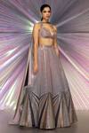 Amit Aggarwal_Grey Chiffon, Striped Fabric Plunge V Neck Metallic Lehenga Set _Online_at_Aza_Fashions