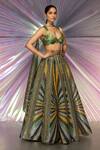 Amit Aggarwal_Green Striped Fabric Plunge V Neck Metallic Lehenga Set _Online_at_Aza_Fashions