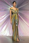 Amit Aggarwal_Multi Color Jersey Stripes Plunge V Neck Draped Saree Gown  _Online_at_Aza_Fashions