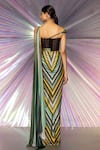 Shop_Amit Aggarwal_Multi Color Jersey Stripes Plunge V Neck Draped Saree Gown  _at_Aza_Fashions