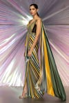 Buy_Amit Aggarwal_Multi Color Jersey Stripes Plunge V Neck Draped Saree Gown  _Online_at_Aza_Fashions