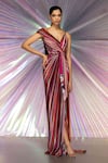 Buy_Amit Aggarwal_Pink Jersey Stripes Plunge V Neck Draped Saree Gown  _at_Aza_Fashions