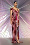 Amit Aggarwal_Pink Jersey Stripes Plunge V Neck Draped Saree Gown  _Online_at_Aza_Fashions