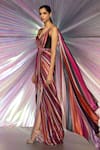 Buy_Amit Aggarwal_Pink Jersey Stripes Plunge V Neck Draped Saree Gown  _Online_at_Aza_Fashions