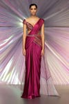 Buy_Amit Aggarwal_Pink Organza, Chiffon, Striped Fabric Draped Saree And Moulded Blouse Set _at_Aza_Fashions