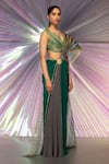 Amit Aggarwal_Green Organza, Chiffon, Striped Structured Saree And Metallic Corded Blouse Set _Online_at_Aza_Fashions