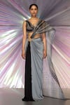 Buy_Amit Aggarwal_Grey Striped Fabric Structured Saree And Metallic Corded Blouse Set  _at_Aza_Fashions