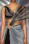 Shop_Amit Aggarwal_Grey Striped Fabric Structured Saree And Metallic Corded Blouse Set_Online_at_Aza_Fashions