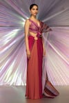 Amit Aggarwal_Pink Striped Fabric Structured Saree And Metallic Corded Blouse Set  _Online_at_Aza_Fashions