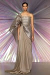 Buy_Amit Aggarwal_Gold Striped Fabric Straight Metallic Structured Saree Gown  _at_Aza_Fashions