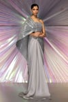 Buy_Amit Aggarwal_Silver Striped Fabric Straight Metallic Structured Saree Gown  _at_Aza_Fashions