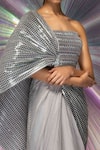 Buy_Amit Aggarwal_Silver Striped Fabric Straight Metallic Structured Saree Gown  _Online_at_Aza_Fashions