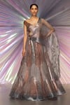 Buy_Amit Aggarwal_Pink Tulle Stripes Asymmetric Metallic Structured Lehenga Set  _at_Aza_Fashions