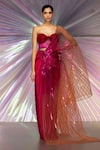 Buy_Amit Aggarwal_Pink Jersey Stripes Sweetheart Metallic Ombre Winged Saree With Corset  _at_Aza_Fashions