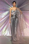 Amit Aggarwal_Silver Jersey Metallic Ombre Winged Saree With Corset_Online_at_Aza_Fashions