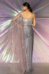 Shop_Amit Aggarwal_Silver Tulle, Jersey Stripes Sweetheart Metallic Ombre Winged Saree With Corset _at_Aza_Fashions