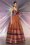 Amit Aggarwal_Orange Striped Fabric Woven V Neck Gathered And Lehenga Set_Online_at_Aza_Fashions