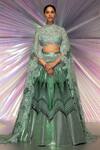 Buy_Amit Aggarwal_Green Tulle, Lace, Mesh Fabric Chevron, Metallic Structured Lehenga And Blouse Set _at_Aza_Fashions