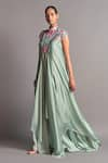 Buy_Amit Aggarwal_Green Chiffon Mandarin Collar Metallic Draped Layered Dress  _at_Aza_Fashions