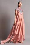 Buy_Amit Aggarwal_Pink Chiffon Mandarin Collar Metallic Draped Layered Dress  _at_Aza_Fashions