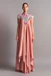 Amit Aggarwal_Pink Chiffon Mandarin Collar Metallic Draped Layered Dress  _Online_at_Aza_Fashions