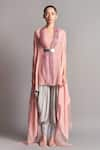 Buy_Amit Aggarwal_Pink Crepe V Neck Asymmetric Cape And Draped Pant Set  _at_Aza_Fashions