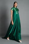 Buy_Amit Aggarwal_Green Crinkled Chiffon Embroidery Stand Collar Metallic Draped Dress  _at_Aza_Fashions