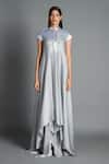 Amit Aggarwal Grey Crinkled Chiffon Stand Collar Metallic Draped Dress Online at Aza Fashions Amit Aggarwal_Grey Crinkled Chiffon Stand Collar Metallic Draped Dress _Online_at_Aza_Fashions
