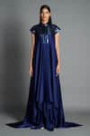 Amit Aggarwal_Blue Crinkled Chiffon Embroidery Stand Collar Metallic Draped Dress  _Online_at_Aza_Fashions