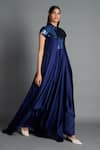 Buy_Amit Aggarwal_Blue Crinkled Chiffon Embroidery Stand Collar Metallic Draped Dress  _at_Aza_Fashions