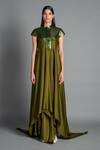 Amit Aggarwal Green Crinkled Chiffon Stand Collar Metallic Draped Dress Online at Aza Fashions Amit Aggarwal_Green Crinkled Chiffon Stand Collar Metallic Draped Dress _Online_at_Aza_Fashions