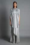 Amit Aggarwal_Grey Crinkled Chiffon Embroidery Round Asymmetric Draped Tunic  _Online_at_Aza_Fashions