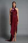 Buy Amit Aggarwal Maroon Crinkled Chiffon, Nylon Jersey Halter Metallic Draped Backless Dress at Aza Fashions Buy_Amit Aggarwal_Maroon Crinkled Chiffon, Nylon Jersey Halter Metallic Draped Backless Dress _at_Aza_Fashions
