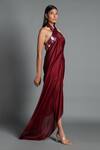 Amit Aggarwal Maroon Crinkled Chiffon, Nylon Jersey Halter Metallic Draped Backless Dress Online at Aza Fashions Amit Aggarwal_Maroon Crinkled Chiffon, Nylon Jersey Halter Metallic Draped Backless Dress _Online_at_Aza_Fashions