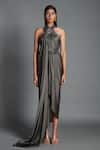 Amit Aggarwal_Grey Crinkled Chiffon Embroidery Metallic Draped Backless Dress  _Online_at_Aza_Fashions