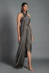 Buy_Amit Aggarwal_Grey Crinkled Chiffon Embroidery Metallic Draped Backless Dress  _at_Aza_Fashions