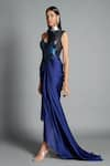 Buy_Amit Aggarwal_Blue Crinkled Chiffon Embroidery High Neck Collar Draped Trail Dress _at_Aza_Fashions