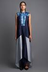 Amit Aggarwal_Blue Chiffon Marble Mandarin Collar Metallic Pattern Dress  _Online_at_Aza_Fashions