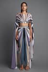 Buy_Amit Aggarwal_Multi Color Chiffon Plain Boat Cape Top And Draped Pant Set  _Online_at_Aza_Fashions